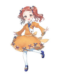 1girl :d absurdres blue_bow blue_footwear bow brown_eyes brown_hair commentary_request dress flower forehead frilled_sleeves frills full_body hair_flower hair_ornament hair_ribbon highres juliet_sleeves kayanogura long_sleeves looking_at_viewer open_mouth orange_dress original pantyhose puffy_sleeves purple_bow ribbon rose round_teeth shoes simple_background sleeves_past_wrists smile solo standing standing_on_one_leg teeth twintails upper_teeth_only white_background white_flower white_pantyhose white_rose wide_sleeves