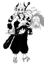Rule 34 | 1girl, 2boys, :&lt;, bare shoulders, breasts, chain, closed mouth, club, club (weapon), commentary, crossed arms, crying, crying with eyes open, english commentary, father and daughter, fingernails, geta, greyscale, hand up, hat, highres, holding, holding weapon, horns, inset, jacket, kaidou (one piece), kanabou, korean text, large breasts, long hair, monkey d. luffy, monochrome, multiple boys, muscular, muscular female, one piece, sandals, smile, spiked club, ssambatea, straw hat, tears, toned, translation request, weapon, yamato (one piece)
