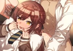 Rule 34 | 1boy, 1girl, ass, blazer, blush, boy on top, braid, brown hair, censored, clothed sex, diagonal-striped clothes, diagonal-striped neckwear, erere, french braid, hetero, hugging object, idolmaster, idolmaster shiny colors, jacket, long hair, long sleeves, lying, mosaic censoring, necktie, no panties, on stomach, open mouth, osaki amana, penis, pillow, pillow hug, prone bone, pussy, pussy juice, school uniform, sex, sex from behind, sleeves past wrists, smile, solo focus, spread legs, striped clothes, striped neckwear, sweat, swept bangs, vaginal, yellow eyes