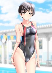 Rule 34 | 1girl, absurdres, black hair, black one-piece swimsuit, blue sky, blurry, blurry background, breasts, brown eyes, cloud, commentary request, competition swimsuit, covered navel, cowboy shot, day, grey one-piece swimsuit, highres, multicolored clothes, multicolored swimsuit, one-piece swimsuit, original, outdoors, short hair, sky, small breasts, solo, standing, string of flags, swimsuit, takafumi