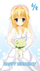 Rule 34 | 1girl, 2015, bare shoulders, blonde hair, blue eyes, blush, bouquet, bow, breasts, bridal veil, chaamii, chitose sana, collarbone, commentary, dated, dress, english text, flower, furrowed brow, gloves, gradient background, hair between eyes, hair intakes, hair over shoulder, happy, happy birthday, highres, holding, holding bouquet, blue background, long hair, looking at viewer, own hands together, pink flower, pink rose, ribbon, rose, sidelocks, simple background, sleeveless, sleeveless dress, small breasts, smile, solo, standing, tenshinranman, veil, wedding dress, white background, white bow, white dress, white flower, white gloves, white ribbon, white rose, yuzu-soft