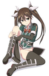 Rule 34 | 10s, 1girl, black footwear, black gloves, black thighhighs, boots, brown eyes, brown hair, caryo, clothes lift, elbow gloves, gloves, hair between eyes, hair ribbon, jacket, kantai collection, long hair, nanashino, no panties, partially visible vulva, pelvic curtain, ribbon, shadow, simple background, single elbow glove, sitting, skirt, skirt lift, smile, solo, thigh boots, thighhighs, tone (kancolle), tone kai ni (kancolle), twintails, white background