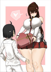 Rule 34 | 1boy, 1girl, absurdres, admiral (kancolle), anchor, black hair, blush, breasts, brown eyes, candy, chocolate, chocolate heart, closed mouth, collar, confession, detached sleeves, food, hair intakes, heart, height difference, highres, hip vent, huge breasts, kantai collection, long hair, metal collar, military, military uniform, naval uniform, outside border, pink background, pleated skirt, ponytail, red skirt, short hair, skirt, spoken heart, tall female, uniform, uru (uru0000), valentine, very long hair, yamato (kancolle)