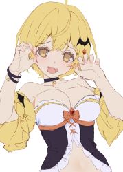 Rule 34 | 1girl, ahoge, bare shoulders, bat hair ornament, black choker, blonde hair, blush, breasts, choker, claw pose, cleavage, collarbone, commentary, detached sleeves, fang, hair ornament, hololive, izumi sai, large breasts, looking at viewer, midriff, open mouth, revealing clothes, short hair, short sleeves, simple background, skin fang, solo, upper body, virtual youtuber, white background, wide sleeves, yellow eyes, yozora mel, yozora mel (1st costume)