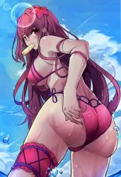 Rule 34 | 1girl, absurdres, adjusting clothes, adjusting panties, adjusting swimsuit, ass, bare shoulders, bikini, blush, bra, breasts, day, fate/grand order, fate (series), flower, food, from behind, from below, hair between eyes, hair flower, hair ornament, highres, huge ass, large breasts, leaning, leaning forward, legs apart, long hair, looking back, mouth hold, outdoors, pantie painting, panties, popsicle, purple hair, red eyes, scathach (fate), scathach (fate/grand order) (swimsuit assassin), shiny skin, sideboob, solo, swimsuit, thigh strap, thighs, underwear, very long hair, water, water drop, wet