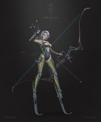 Rule 34 | 1girl, absurdres, arm up, bag, black choker, blue hair, blush, bob cut, boots, bow, breasts, choker, collarbone, gluteal fold, gradient background, gradient hair, green eyes, hancho xo, highleg, highres, holding, holding weapon, leotard, looking at viewer, mechanical boots, mechanical legs, mechanical parts, medium breasts, multicolored hair, no bangs, parted lips, sagittarius (zodiac), science fiction, short hair, simple background, solo, standing, swimsuit, tactical clothes, thigh boots, thighhighs, weapon, zodiac