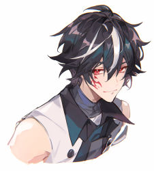 Rule 34 | 1boy, bare shoulders, black hair, black shirt, buttons, closed mouth, collared shirt, facial mark, hair between eyes, highres, looking to the side, male focus, original, portrait, red eyes, shirt, short hair, simple background, sleeveless, smile, solo, white background, white hair, yusa (yusa0751)