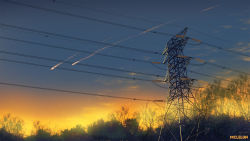 Rule 34 | artist name, blue sky, commentary, forest, gradient sky, highres, mclelun, multicolored sky, nature, no humans, original, outdoors, power lines, scenery, shooting star, sky, transmission tower, tree, twilight, yellow sky