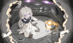 Rule 34 | 1girl, abyssal ship, aircraft, anzio princess, black bow, black bowtie, bow, bowtie, colored skin, dress, gloves, glowing, glowing eyes, grin, highres, kantai collection, neo libra, pale skin, purple eyes, short hair, short sleeves, sitting, smile, solo, tail, teeth, white gloves, white hair, white skin