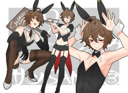 Rule 34 | 1boy, ahoge, androgynous, animal ears, armpits, black bow, black bowtie, black gloves, black leotard, black necktie, black thighhighs, blush, border, bow, bowtie, brown hair, brown thighhighs, bulge, closed eyes, closed mouth, commentary request, crossdressing, detached collar, elbow gloves, embarrassed, fake animal ears, full body, gloves, granblue fantasy, grey background, hair between eyes, high heels, legs, leotard, looking at viewer, male focus, male playboy bunny, micro shorts, midriff, multiple views, navel, necktie, open mouth, paw pose, red bow, red bowtie, red eyes, sandalphon (granblue fantasy), shadow, short hair, shorts, signpost, sleeve cuffs, sleeveless, squatting, sweatdrop, teeth, tekki (tki), thighhighs, thighs, trap, upper body, upper teeth only, white border