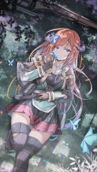 Rule 34 | 1girl, arknights, bagpipe (arknights), belt, black gloves, black thighhighs, breasts, closed mouth, collarbone, commentary, dragon horns, eatos, flower, flower on head, gloves, gunlance, high collar, highres, holding, holding flower, horns, jacket, long hair, long sleeves, looking at viewer, lying, miniskirt, on back, orange hair, plaid, plaid skirt, pleated skirt, purple eyes, red skirt, shirt, skirt, smile, solo, thighhighs, very long hair
