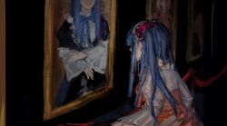 Rule 34 | ashashio, blue hair, blunt bangs, dress, facing object, furudo erika, highres, long hair, long sleeves, painting (object), umineko no naku koro ni