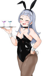 Rule 34 | 1girl, absurdres, alternate costume, animal ears, armpit crease, bare shoulders, black leotard, blush, breasts, cocktail glass, commentary, covered navel, crossed legs, cup, drinking glass, fake animal ears, fake tail, fang, feet out of frame, forehead, fuzidog, hand on own hip, highleg, highleg leotard, highres, hololive, leotard, looking at viewer, murasaki shion, nipple slip, nipples, one eye closed, open mouth, orange eyes, oversized breast cup, pantyhose, playboy bunny, plump, puffy nipples, rabbit ears, rabbit tail, shiny clothes, shiny skin, sidelocks, silver hair, simple background, small breasts, smile, solo, standing, strapless, strapless leotard, tail, thighs, tray, virtual youtuber, white background, wrist cuffs