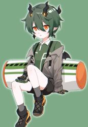 Rule 34 | 1boy, aged down, bag, black footwear, black shorts, child, claws, d ooo0, dragon wings, duffel bag, full body, green background, green hair, green shirt, grey jacket, grey socks, hair between eyes, harmonica, highres, honkai (series), honkai impact 3rd, horns, instrument, jacket, kosma, looking at viewer, low ponytail, male focus, mini wings, multiple horns, off shoulder, open clothes, open jacket, orange eyes, outline, parted lips, pointy ears, polo shirt, shirt, shoes, short hair, short ponytail, shorts, simple background, sitting, sleeves past wrists, socks, solo, suspenders, wings