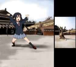 Rule 34 | 1girl, architecture, bad id, bad pixiv id, black hair, cat, derivative work, east asian architecture, highres, k-on!, nakano azusa, open mouth, parody, photo inset, reference inset, reference photo, round teeth, school uniform, skirt, solo, teeth, twintails, watanore
