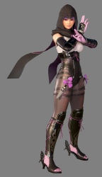 Rule 34 | 1girl, 3d, absurdres, arm guards, armor, ayane (doa), bodysuit, dead or alive, dead or alive 6, elbow gloves, fighting stance, full body, gloves, grey background, high heels, highres, hood, kunai, lips, looking at viewer, ninja, official art, pantyhose, purple hair, red eyes, simple background, solo, standing, weapon