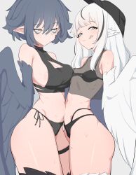 Rule 34 | 2girls, absurdres, animal ears, bag, bikini, bird ears, bird legs, black bikini, black feathers, black hair, black headwear, black wings, blush, breasts, doyagao, feathers, green eyes, grey background, harpy, highres, jitome, large breasts, long hair, looking at viewer, mole, mole on thigh, monster girl, multicolored hair, multiple girls, navel, original, pointy ears, short hair, side-tie bikini bottom, simple background, small breasts, smug, streaked hair, swimsuit, thigh strap, thus0thus, tongue, tongue out, white background, white feathers, white wings, winged arms, wings