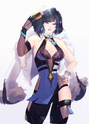 Rule 34 | 1girl, absurdres, aqua eyes, arm up, armpit peek, asymmetrical gloves, bare arms, bare shoulders, black gloves, black pantyhose, blue dress, blue hair, blunt bangs, bob cut, bracelet, breasts, card, cleavage, cleavage cutout, clothing cutout, commentary, contrapposto, covered collarbone, cowboy shot, credit card, diagonal bangs, dice, dress, elbow gloves, english commentary, eyelashes, fur-trimmed jacket, fur trim, genshin impact, glint, gloves, gradient hair, hand on own hip, highres, holding, holding card, jacket, unworn jacket, jewelry, large breasts, lart art1, lips, long sleeves, looking at viewer, mismatched gloves, mole, mole on breast, multicolored hair, pantyhose, parted lips, pelvic curtain, pendant, short hair, simple background, single elbow glove, smile, solo, standing, tassel, thighhighs, tsurime, vision (genshin impact), watermark, white background, white gloves, white jacket, yelan (genshin impact)
