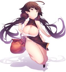 Rule 34 | 1girl, :o, ahoge, basket, black dress, breasts, brown eyes, brown hair, china dress, chinese clothes, cleavage, dev (dev0614), dress, full body, hand up, highres, large breasts, long hair, low twintails, open mouth, original, panties, pelvic curtain, see-through, shadow, simple background, solo, thick thighs, thighs, tsurime, twintails, underwear, white background, white panties