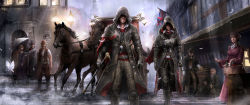 Rule 34 | 3girls, 5boys, animal, assassin&#039;s creed, assassin&#039;s creed (series), belt, boots, brother and sister, cane, cape, carriage, evie frye, flag, food, gauntlets, hat, hood, horse, jacob frye, multiple boys, multiple girls, quilted jacket, rain, siblings, sky, standing, umbrella, union jack, weapon