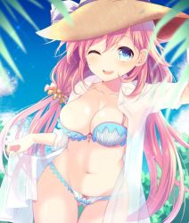 Rule 34 | 1girl, ;d, agekichi (heart shape), bad id, bad pixiv id, bikini, blue eyes, blue sky, blurry, bow, bow bikini, breasts, cleavage, clothes lift, cloud, collarbone, collared shirt, cowboy shot, day, depth of field, eyelashes, frills, gluteal fold, groin, hair between eyes, hair ornament, hair scrunchie, hat, hat ribbon, jewelry, lens flare, long hair, looking at viewer, low twintails, medium breasts, navel, one eye closed, open mouth, original, palm tree, pink hair, plaid, plant, ribbon, scrunchie, see-through, shade, shirt, shirt lift, sky, sleeves rolled up, smile, solo, sparkle, stomach, summer, swimsuit, thigh gap, tree, twintails, very long hair, white shirt
