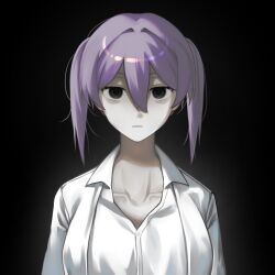 Rule 34 | 1girl, :|, black background, black eyes, breasts, chinese commentary, closed mouth, collarbone, collared shirt, commentary request, empty eyes, hair between eyes, hair intakes, highres, jacket, kyoko (akakikyoko), large breasts, looking at viewer, open clothes, open jacket, open shirt, original, portrait, purple hair, shirt, simple background, solo, twintails, white jacket, white shirt