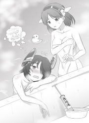 Rule 34 | 10s, 2girls, bath, covering breasts, covering privates, eyepatch, glasses, greyscale, headgear, kantai collection, kirishima (kancolle), monochrome, multiple girls, naked towel, no eyewear, nude, nude cover, open mouth, personification, rubber duck, short hair, steam, steed (steed enterprise), tenryuu (kancolle), towel, translation request, unworn eyewear