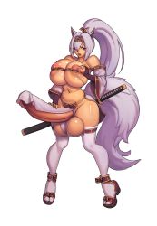 Rule 34 | 1futa, animal ears, bare shoulders, blush, breasts, curvy, embarrassed, erection, fox ears, fox tail, full body, futanari, gigantic penis, highres, huge breasts, huge testicles, katana, kruth666, large areolae, light purple hair, loincloth, long hair, nail polish, navel, newhalf, nipple slip, nipples, open mouth, original, penis, ponytail, puffy nipples, red eyes, sandals, shiny skin, simple background, solo, standing, sword, tail, testicles, thighhighs, very long hair, weapon, white background, wide hips