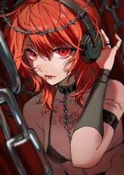 Rule 34 | 1girl, absurdres, arm belt, arm tattoo, black choker, blood, chain, chest tattoo, choker, cross, cross choker, crown of thorns, hand up, headphones, highres, lip ring, original, red background, red eyes, red hair, spiked ring, tattoo, upper body, white xxxx