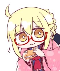 1girl :i ahoge artoria_pendragon_(fate) blonde_hair blue_sailor_collar blue_shirt blush braid brown_eyes chibi closed_mouth commentary_request eating fate/grand_order fate_(series) food glasses hair_between_eyes holding holding_food kasuga_yuuki long_sleeves mysterious_heroine_x_alter_(fate) neckerchief open_clothes red-framed_eyewear red_neckerchief sailor_collar sandwich semi-rimless_eyewear shirt simple_background solo under-rim_eyewear wavy_mouth white_background wide_sleeves