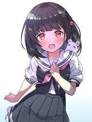 Rule 34 | 1girl, animal, animal ears, animal on shoulder, black hair, black skirt, black vest, blue background, blush, commentary request, frilled skirt, frills, gradient background, granblue fantasy, hair ornament, hand up, hekomii, highres, long hair, looking at viewer, mouse ears, neckerchief, open mouth, pink neckerchief, pleated skirt, puffy short sleeves, puffy sleeves, red eyes, sailor collar, school uniform, serafuku, shirt, short sleeves, simple background, skirt, solo, vest, vikala (granblue fantasy), white background, white sailor collar, white shirt