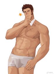 Rule 34 | 1boy, abs, bara, beckoning, blue eyes, boxers, brown hair, bulge, cross scar, facial hair, fate/grand order, fate (series), feet out of frame, goatee, hand on own chin, highres, large pectorals, lixiao6342, long sideburns, male focus, male underwear, mature male, muscular, muscular male, napoleon bonaparte (fate), nipples, pectorals, scar, scar on chest, short hair, sideburns, solo, sparkle, standing, star (symbol), stomach, stroking own chin, thick eyebrows, topless male, underwear, white male underwear