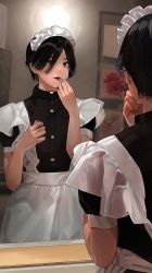 Rule 34 | 1girl, applying makeup, apron, black eyes, black hair, black shirt, buttons, commentary request, ear piercing, eyebrows hidden by hair, flat-chest, highres, lipstick, looking at mirror, maid, maid apron, maid headdress, makeup, meido-fuku ga mitai, mirror, neck, original, photo-referenced, piercing, reflection, shirt, short hair, short sleeves, solo