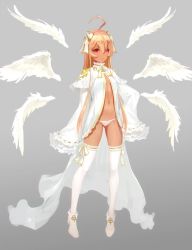 Rule 34 | 1girl, ahoge, angel wings, black thighhighs, closed mouth, commentary request, dark-skinned female, dark skin, detached wings, dress, expressionless, frilled sleeves, frills, full body, gradient background, grey background, hair between eyes, hands in opposite sleeves, high heels, long hair, long sleeves, looking at viewer, micro panties, navel, neck ribbon, no bra, open clothes, open dress, orange hair, original, panties, red eyes, ribbon, shoes, shuichi wada, simple background, solo, standing, thighhighs, underwear, very long hair, white dress, white footwear, white ribbon, wings