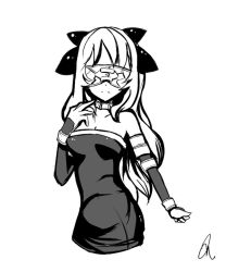 Rule 34 | 1girl, blind, blindfold, bow, breasts, cosplay, elbow gloves, fate/stay night, fate (series), gloves, greyscale, katawa shoujo, long hair, medium breasts, medusa (fate), medusa (rider) (fate), medusa (rider) (fate) (cosplay), misharoute, monochrome, satou lilly, simple background, solo