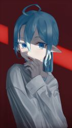 Rule 34 | 1girl, ahoge, blue eyes, blue hair, blue nails, blue pupils, commentary request, hair between eyes, hand up, highres, korean commentary, litra (ltr0312), long hair, long sleeves, looking at viewer, nail polish, open mouth, original, pentagram, pointy ears, red background, shirt, solo, upper body, white shirt