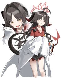 Rule 34 | 1girl, :&lt;, absurdres, ahoge, black hair, black horns, black shorts, black tail, blue archive, closed eyes, closed mouth, coat, collared shirt, demon horns, fang, feet out of frame, hair intakes, halo, highres, horns, kasumi (blue archive), lab coat, long hair, multiple views, open mouth, red halo, red shirt, seeshin see, shirt, shirt tucked in, shorts, simple background, sleeves past fingers, sleeves past wrists, smile, white background, white coat, yellow eyes