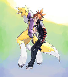 Rule 34 | 00s, 1girl, absurdres, alternate costume, animal hands, beats by dr. dre, buckle, contemporary, digimon, digimon (creature), digimon tamers, flat chest, from side, full body, furry, headphones, highres, makino ruki, orange hair, ponytail, profile, purple eyes, renamon, riza23