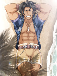 Rule 34 | 1boy, abs, absurdres, arms behind head, bara, bare pectorals, beach, black hair, dark-skinned male, dark skin, dragalia lost, highres, jewelry, large pectorals, legs together, looking at viewer, lying, male focus, muscular, muscular male, navel, necklace, nipples, nura, on back, open clothes, open shirt, pectorals, ranzal (dragalia lost), sand, short hair, shorts, smile, solo, stomach, thick thighs, thighs, yellow shorts