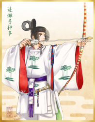 Rule 34 | 1boy, aiming, archery, arrow (projectile), black hair, bow (weapon), closed mouth, cowboy shot, dated, drawing bow, from side, grey eyes, hat, highres, holding, holding arrow, holding bow (weapon), holding weapon, japanese clothes, kazuki-mendou, long sleeves, male focus, original, purple sash, sash, seigaiha, short hair, signature, solo, standing, sword, tagme, tate eboshi, weapon, wide sleeves
