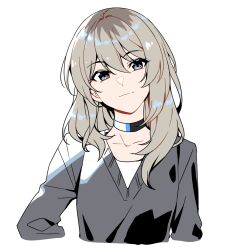 Rule 34 | 1girl, asymmetrical hair, black choker, black sweater, choker, closed mouth, collarbone, commentary request, cropped torso, girls band cry, grey eyes, grey hair, hair between eyes, head tilt, highres, kawaragi momoka, long hair, lonlonl17635238, looking at viewer, multicolored hair, roots (hair), shirt, simple background, solo, sweater, upper body, white background, white shirt