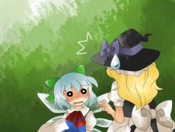 Rule 34 | 2girls, ascot, bad id, bad pixiv id, blonde hair, blue hair, bow, cirno, hair bow, hair ornament, hair ribbon, hammer (sunset beach), hat, hat bow, ice, ice wings, kirisame marisa, light purple hair, long hair, multiple girls, open mouth, ribbon, short hair, surprised, sweatdrop, tears, touhou, wings, witch, witch hat, yellow eyes