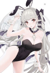 Rule 34 | 1girl, absurdres, alternate costume, animal ears, armpits, azur lane, bare legs, between breasts, black bow, black leotard, black nails, bow, breasts, cleavage, commentary, covered navel, cowboy shot, detached collar, eyelashes, fake animal ears, fake tail, formidable (azur lane), grey hair, hair bow, highres, large breasts, leotard, light smile, long hair, looking at viewer, nail polish, parted lips, playboy bunny, rabbit ears, rabbit tail, red eyes, rigging, simple background, skindentation, solo, strapless, strapless leotard, tail, thighs, turret, twintails, very long hair, white background, willow (user xagu3384), wrist cuffs