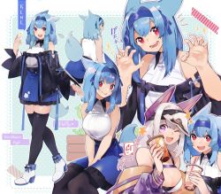 Rule 34 | 2girls, akizone, animal ears, bare shoulders, black jacket, black legwear, blue hair, breasts, character name, cleavage, commentary, dog ears, dog tail, highres, jacket, long hair, multiple girls, multiple views, one eye closed, open mouth, original, purple eyes, red eyes, rene (rirene), rirene rn, shirt, shoes, tail, teeth, thighhighs, tongue, tongue out, white footwear, white hair, white shirt