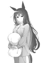 Rule 34 | 1girl, admire vega (umamusume), animal ears, breasts, buttons, closed mouth, cowboy shot, greyscale, highres, horse ears, horse girl, horse tail, long hair, long sleeves, looking at viewer, monochrome, nayuta ggg, hugging object, pajamas, pants, shirt, small breasts, solo, standing, tail, umamusume