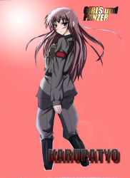 Rule 34 | 10s, 1girl, absurdres, back, belt, blush, boots, carpaccio (girls und panzer), character name, copyright name, dress shirt, english text, engrish text, from behind, girls und panzer, highres, jacket, knee boots, lens flare, long hair, looking at viewer, looking back, military, military uniform, nanmi (nicoseiga), pants, ranguage, shirt, simple background, smile, solo, standing, uniform