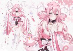 Rule 34 | 1girl, absurdres, antler ornament, antlers, bare shoulders, bird, black bow, black collar, blossum (vtuber), bow, breasts, bright pupils, character sheet, closed mouth, collar, commission, drawinggranny, dress, flower, full body, heart, highres, horns, indie virtual youtuber, large breasts, long hair, pink dress, pink eyes, pink hair, pointy ears, single thighhigh, star-shaped pupils, star (symbol), symbol-shaped pupils, thighhighs, two-tone dress, white bow, white dress, white flower, white footwear, white pupils, white sleeves, white thighhighs, wide sleeves