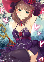 Rule 34 | 1girl, absurdres, arm up, armpits, black thighhighs, blue eyes, blush, breasts, brown hair, cleavage, earrings, elbow gloves, gloves, hair ribbon, hairband, hat, highres, idolmaster, idolmaster cinderella girls, idolmaster cinderella girls starlight stage, jewelry, looking at viewer, medium breasts, open mouth, ribbon, sakuma mayu, short hair, smile, solo, staff, thighhighs, tuxedo de cat, witch hat