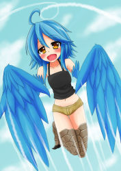 Rule 34 | 10s, 1girl, :d, ahoge, blue hair, blue wings, blush, camisole, cloud, contrail, day, feathered wings, flying, full body, happy, harpy, highres, monster girl, monster musume no iru nichijou, navel, open mouth, papi (monster musume), shodai werihito, short shorts, shorts, sky, smile, solo, talons, tank top, winged arms, wings, yellow eyes