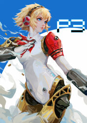 Rule 34 | 1girl, aegis (persona), android, armor, blonde hair, blue background, blue eyes, breasts, closed mouth, copyright name, cowboy shot, headphones, highres, mechanical arms, muju, persona, persona 3, persona 3 reload, screw, shell casing, short hair, sidelocks, small breasts, smoke, solo, standing, two-tone background, white background